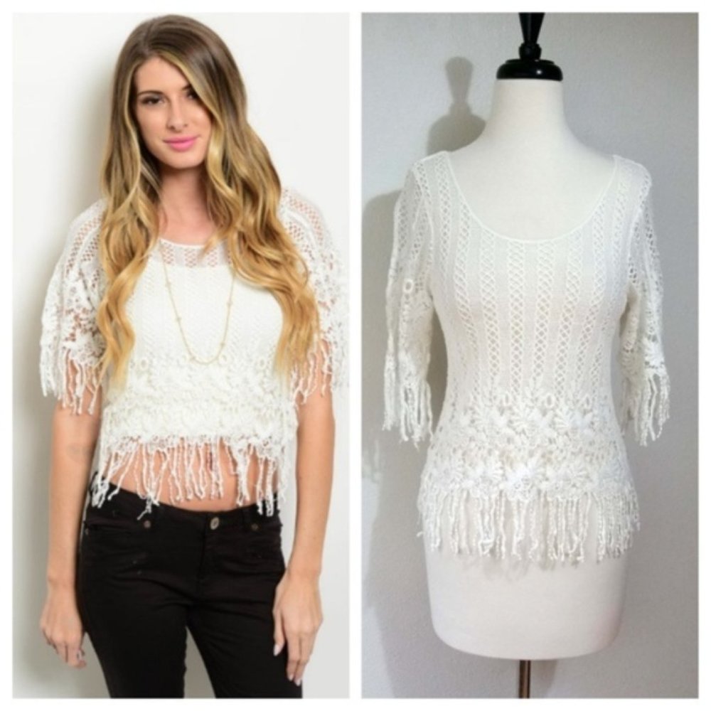 Boho Fringe White Floral Crochet Fringe Loose Knit Short Sleeve Top